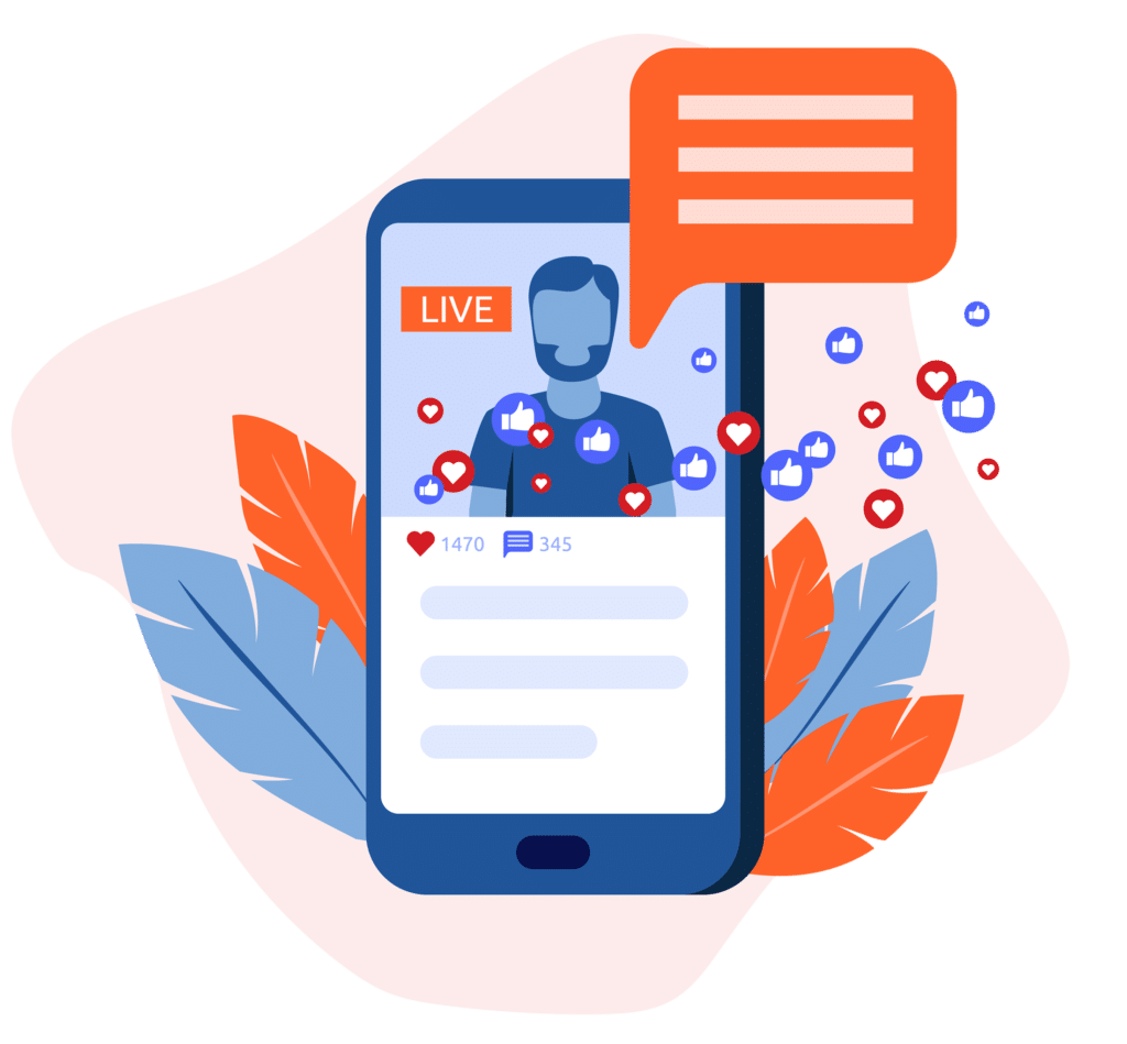 Afbeelding van een getekende telefoon met een man erop en social media meldingen